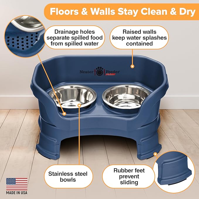 Neater Feeder Deluxe Mess Proof Dog Bowls Elevated for Small Breeds – Made in USA – No Spill Raised Dog Food Bowl Stand w/Leg Extensions – Stainless Steel Food and Water Bowl Set – Dark Blue