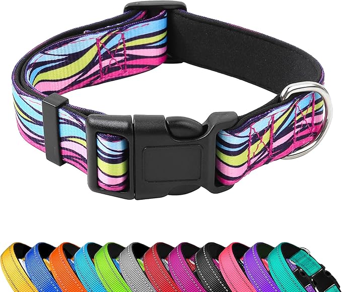 Reflective Dog Collar, Adjustable Soft Neoprene Padded Nylon Pet Collars with Buckle for Puppy and Small Dogs, Cats, Colorful Wave Pattern,L