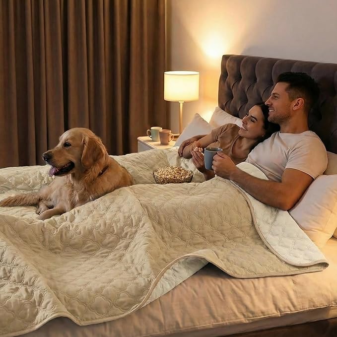 Waterproof Dog Blanket, Couch Cover for Dogs Washable, Reversible Dog Bed Cover, Couch Furniture Protector. (Dark＆Light Beige, 82 X 102 Inch - 1 Pack)