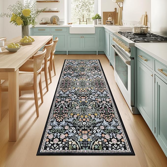 Runner Rug for Entryway: 2x6 Kitchen Rugs Non Slip Washable Ultra-Thin Soft Floral Carpet Indoor Stain Resistant Carpets for Hallway Bedroom Kitchen Laundry Bathroom Dorm Dark Black