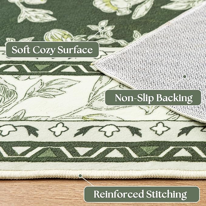 Olive Green Floral Print Area Rugs for Bedroom Living Room Boho Farmhouse Country Rustic Dining Room Carpet Soft Washable Rugs Non Slip Floor Covering for Nursery Playroom 10x12