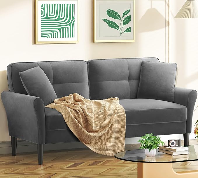 69" Loveseat Sofa, Velvet Small Couches for Small Spaces, Love Seat Couches with 2 Pillows, Tool-Free Setup Loveseats, 700lb Load Sofas for Living Room, Mini Couch for Bedroom, Comfy Sofa Couch, Grey