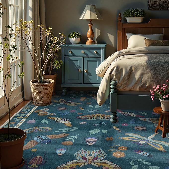 Lahome Insect Washable Rugs 8x10, Soft 8x10 Area Rugs for Living Room, Non Slip Bedroom Rug Under Bed Ultra-Thin Large Carpet for Dining Room Office Playroom(8'x10',Dark Green)