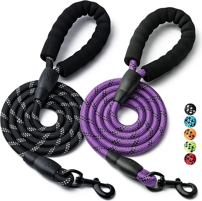 2 Pack Dog Leash, 4/5//6 FT Heavy Duty Nylon Rope Pet Leashes with Comfortable Padded Handle, Reflective Dog Leashes for Small Medium and Large Dogs (6FT-3/8,Black/Purple)