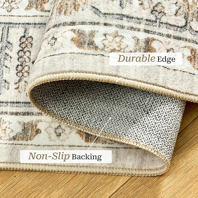 Area Rugs for Living Room - 4x6, Boho Non-Slip Low Pile Carpet Machine Washable Rugs for Bedroom Office, Dining Room (Beige)