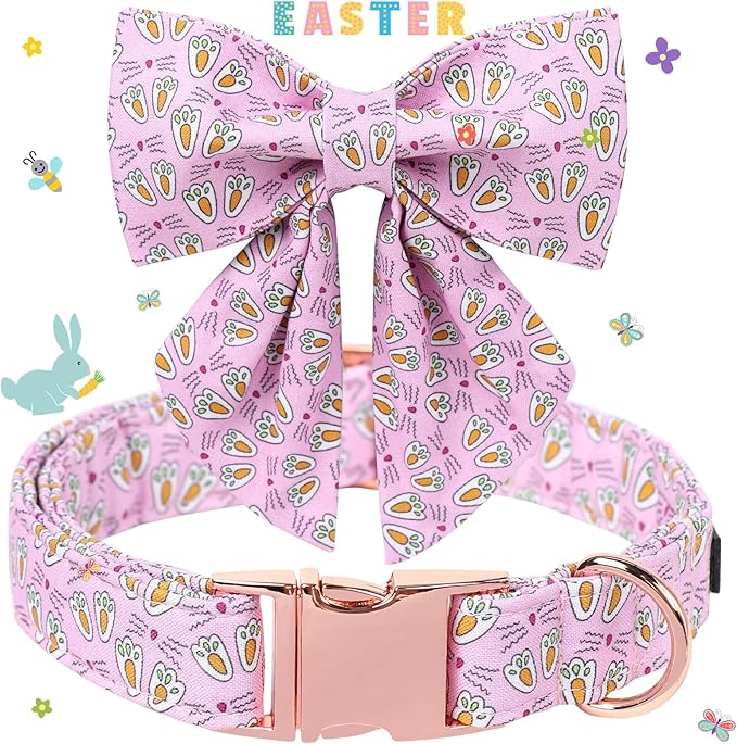 Maca Bates Rabbit Foot Dog Collar with Sailor Bow Tie for Extra Large Girl Boy Dogs, Pink Bunny Pattern,Adjustable Durable Soft Breakaway Collars Easter Day Gift for Male Female Puppy