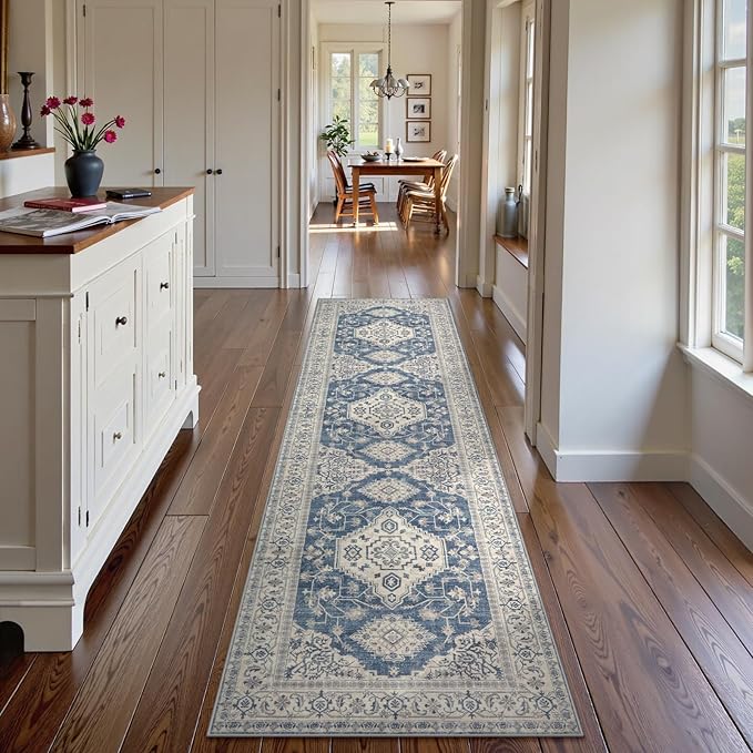 Lahome Oriental Hallway Runner Rug, 2.5x10 Washable Runner Ultra-Thin Hallway Rug for Bedroom Entryway, Soft Long Carpet for Kitchen Bathroom ?랰aundry Room, Blue