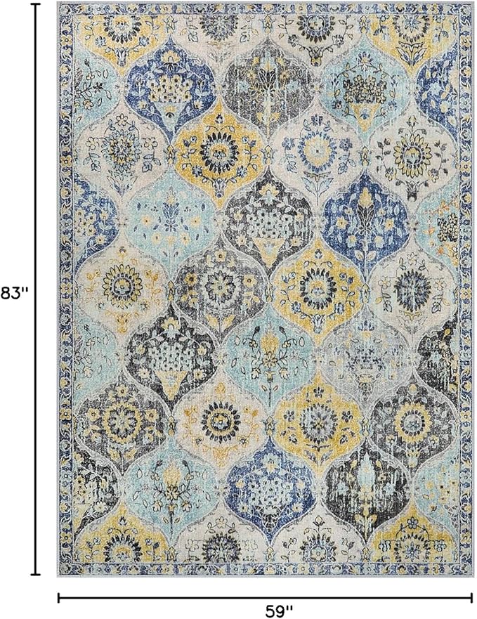 Lahome Moroccan Trellis Washable Area Rugs 5x7, 5x7 Area Rugs for Living Room Bedroom, Indoor Non-Slip Large Oriental Accent Throw Carpet for Kitchen Entryway Bathroom Office, Yellow/Aqua