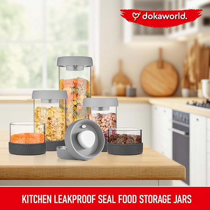 Glass Canisters Set - Kitchen Leakproof Seal Food Storage Jars - Coffee Bean Container - Pack of 5 Glass Canisters With Vacuum Airtight Lids for Cereal, Pet Treats, Nuts, Candy