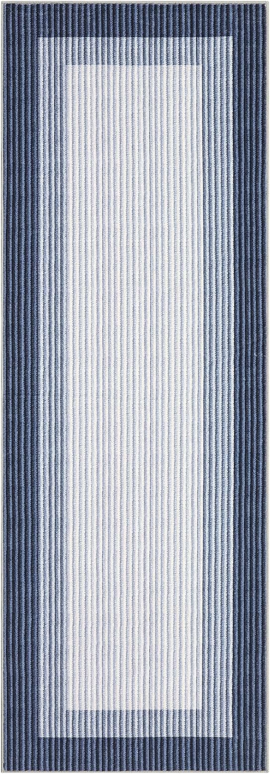 GarveeHome Entryway Bathroom Rug 2x6 Runner Modern Bordered Washable Rug 2x6 Runner Kitchen Rug for Hallway Non-Slip Low-Pile Soft Runner Carpet for Bedroom Laundry Room 2x6 Blue