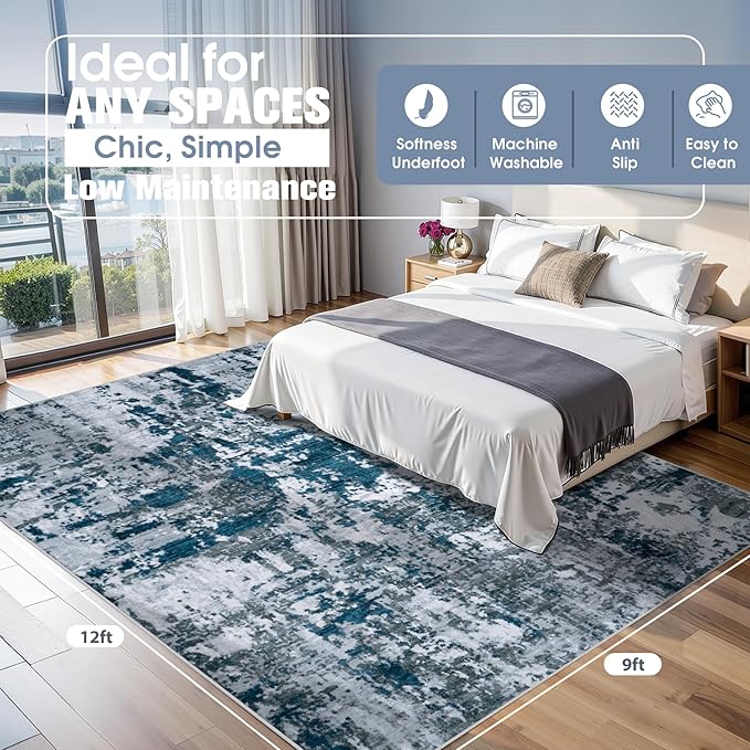 9x12 Area Rugs for Living Room Rug Washable: Abstract Large Rug for Dining Room Bedroom Carpet Non Slip 9 by 12 Indoor Modern Nursery Home Office Navy Grey