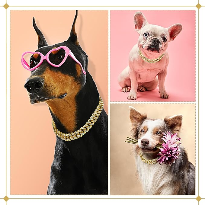 LEIFIDE Dog Chain Collar Diamond Link Puppy Collar 12 mm Wide Dog Necklace Metal Cat Chain Pet Crystal Necklace Jewelry Accessories for Small Medium Large Pet(14 Inch,Gold, AB Color)