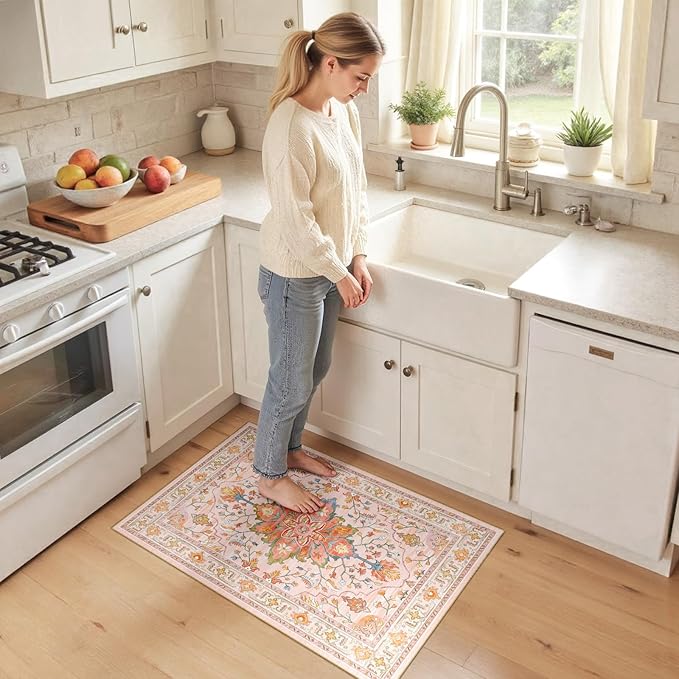 Area Rugs 2'x3' Kitchen Rugs Entry Rug Small Rugs for Entryway Kitchen Bathroom Door Mat Indoor Entrance,Washable Non Slip, Light Pink Colorful