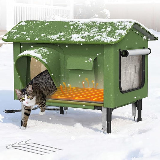 Heated Cat House for Outside - 24" Insulated Cat House Outdoor Weatherproof, Winter Outdoor Cat Shelter with Waterproof Eaves & Escape Door, Elevated Cat Shelter for Feral Stray Cat Kitty, L