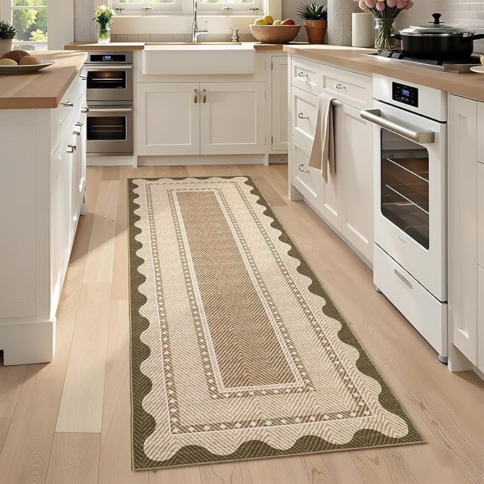 GarveeHome Hallway Runner Rug 2x6 Washable Modern Neutral Area Rug, Non Slip Low Pile Border Kitchen Mats for Floor, Contemporary Stain-Resistant Soft Accent Carpet for Bedroom, Entryway, Linen Color