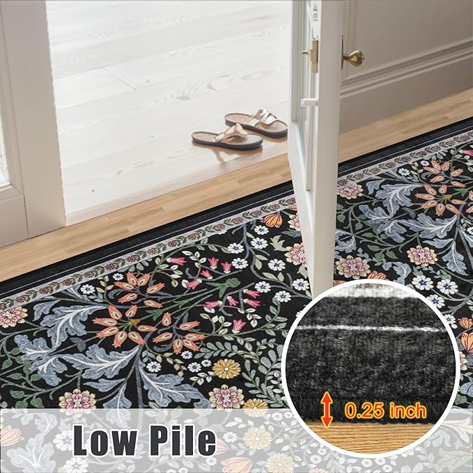 10x14 Area Rugs for Living Room: Floral Washable Rug Vintage Large Soft Boho Non-Slip Carpet Indoor Stain Resistant Low Pile Carpets for Bedroom Dining Room Farmhouse Nursery Home Office Dark Black