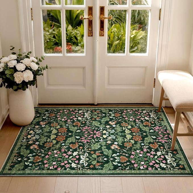 Floral Entryway Washable Rug: 2x3 Soft Low Pile Thin Indoor Front Door Mat, Non Slip Stain Resistant Vintage Flower Boho Accent Small Rugs for Bedroom, Kitchen, Bathroom, Nursery Entrance - Green
