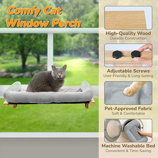[Ready to Gift] PURRHOUSE Cat Window Perch with Cushion Bolster and Cool Pad, Cat Hammocks for Windows with Wood & Robust Metal Frame for Large Cats, Beds for Windowsill, Bedside and Cabinet,24''W