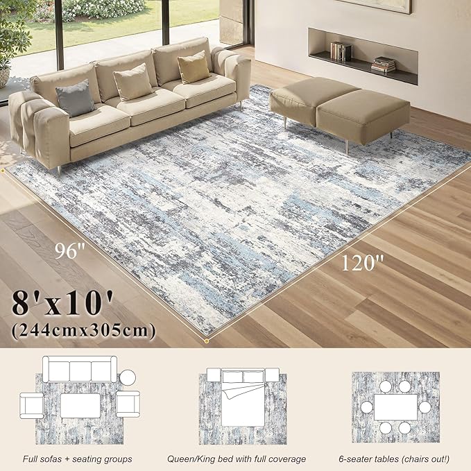 Area Rugs for Living Room: 8x10 Abstract Washable Rug Modern Neutral Large Soft Stain Resistant Non-Slip Backing Machine Table for Bedroom Dining Room Indoor Home Office Carpet - Blue Grey