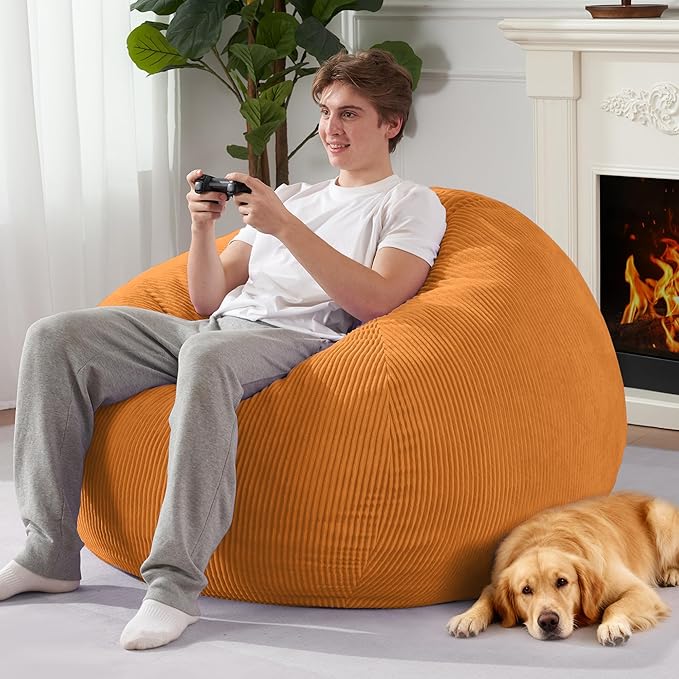 Homguava 5FT Bean Bag Chair for Adults,Teardrop Giant Bean Bags Big Beanbag Chair with Memory Foam Filled and Ultra Soft Removable Corduroy Cover for Living Room, Bedroom(Orange)