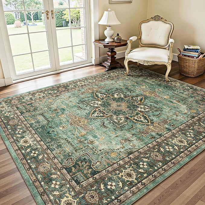 Lofus 8x10 Area Rugs for Living Room, Washable Area Rug, Rugs for Bedroom, Kitchen, Vintage Boho Carpet, Soft Non-Slip, Low Pile Large Area Rug for Office Dining Room, Green