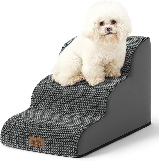 Dog Stairs for Small Dogs 15.7" H, Curved Dog Step for Puppy, Older Cat, Medium Pet Ramp for Sofa, Couch or Chair, Ladder with High Density Foam, 3 Step, 15.7x22.4x15.7 inch, Charcoal Grey