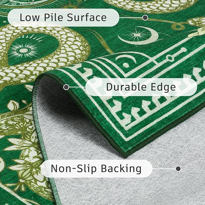 DCX Washable 4x6 Snake Rug, Green Gothic Rug for Living Room, Soft Low Pile Carpet, Kid & Pet Friendly with Rubber Back Non Slip, Stain Resistant Rug for Bedroom Dining Room Office