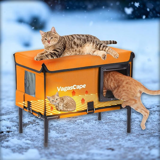 Heated Outdoor Cat House for Outside Pets in Winter - Outdoor House for Ferals, Safe Escape Door Included, Rainproof & Windproof, Easy Installation (Orange)