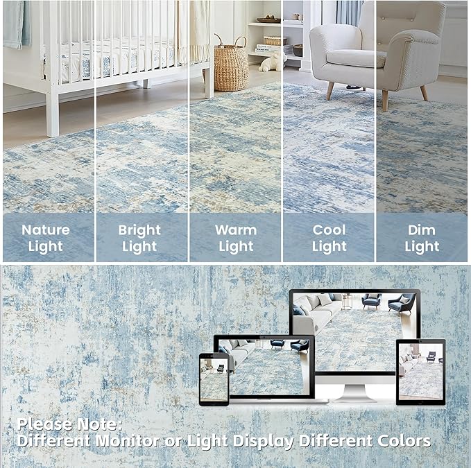 8x10 Area Rugs Living Room Rug Modern Abstract Neutral Washable Rugs Non Slip Soft Carpet Large Area Rug Low Pile Stain Resistant Non Shedding for Bedroom Nursery Dining Room Home Office Blue