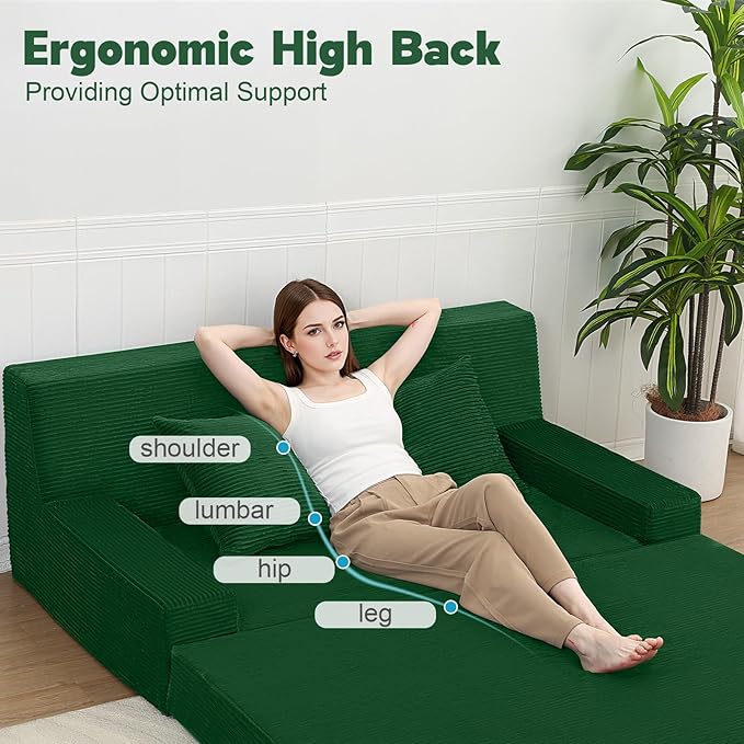 MeMoreCool Corduroy Loveseat Sleeper Sofa – Green Boneless Fold-Out Couch Bed with Foam Core, Convertible Floor Futon with Pillow & Washable Cover for Small Spaces, Bedroom, Guest Room