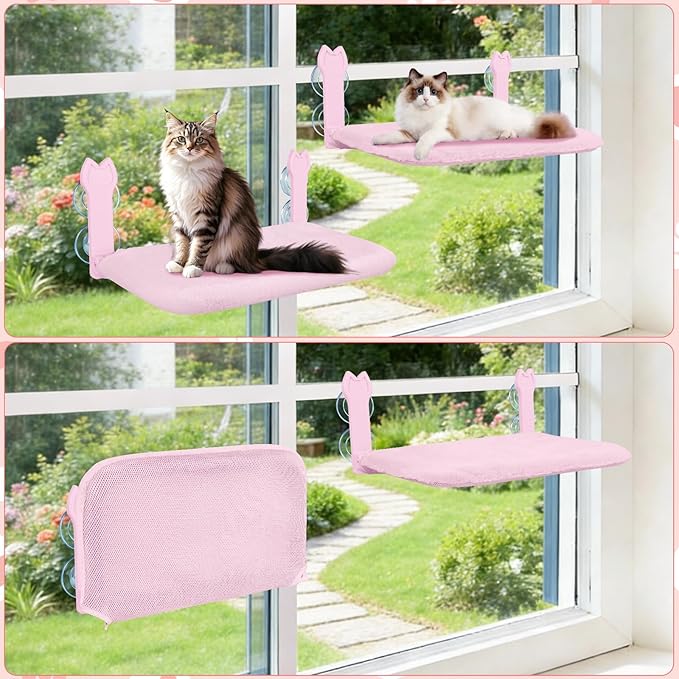 2 Pack Cat Window Perch,Cat Window Hammock Cordless Foldable Window Bed with 4 Large Strong Suction Cup,Reversible Cushion Cover,Metal Frame Easy to Adjust Window Seat Holds up to 40lbs(Pink，M)