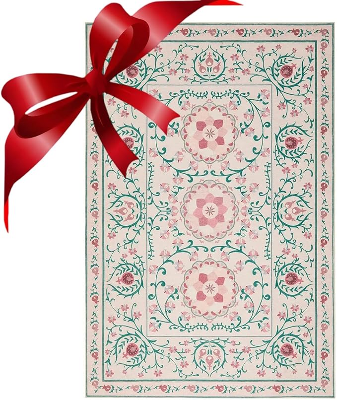 Pink Rug for Living Room Bedroom, Floral 6x9 Washable Rugs, Vintage Boho Style, Large Non Slip Flower Carpet for Indoor Dining Room, Girls/Nursery/Kids Room (Pink/Green 6x9ft)