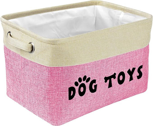 PET ARTIST Dog Toy Basket, Collapsible Dog Toy Bin Box with Comfortable Handles, Large Pet Toy Storage Organizer for Accessories, Toys, Coat & Clothing, Blanket & Leash, Pink, 15"x11"x9"