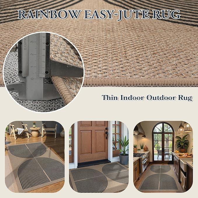 Lahome Modern Rainbow Easy Jute Rug, 3x5 Washable Rugs for Entryway Farmhouse Black Patio Carpet, Non Slip Indoor Door Mat Contemporary Outdoor Porch Carpet for Laundry Guestroom Room Decor
