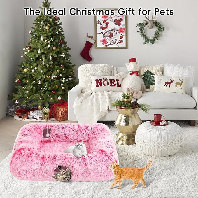 Extra Large Cat Tunnel Bed, 4 Ways Tunnels for Indoor Cats, Multi-cat Family Pet Bed & Cave, Plush Cat Donut with Washable Middle Mat, Exit Balls, Pet Play Toy for Kitten Puppy Rabbit, Pink