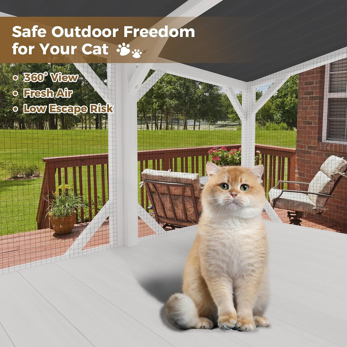 Cat Window Box, 43.3" Catio o Outdoor Cat Enclosure for Sunbathing, Napping & Bird Watching, Wood Cat Window Perch with Mosquito Net Window Catio for Indoor Cats (White)