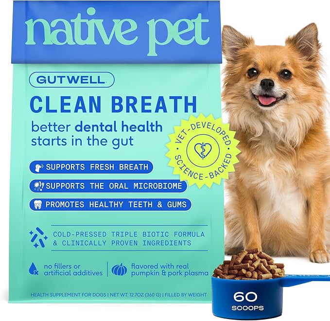 Native Pet GutWell Clean Breath - Dog Breath Freshener & Dog Dental Powder - Teeth Cleaning to Reduce Plaque & Tartar - Promotes Fresh Breath with Targeted Triple-biotic Dental Care Blend - 60 Scoops