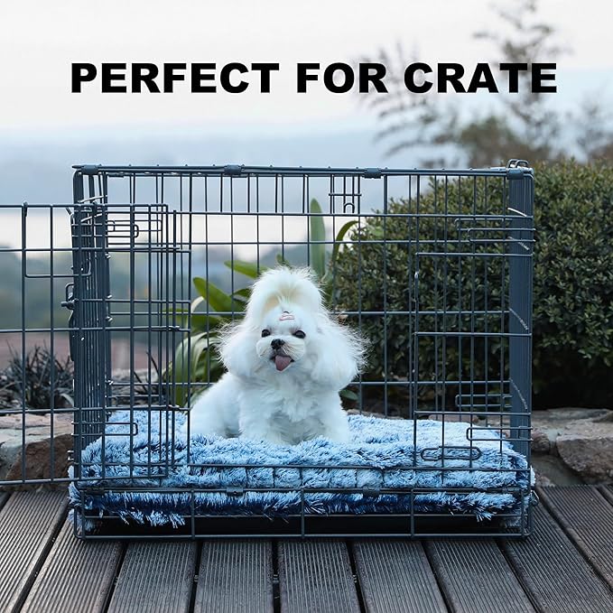 Bedfolks Waterproof Crate Bed, Plush Dog & Cat Bed with Removable Washable Cover, Faux Fur Kennel Pad, 23"x18", Dark Blue