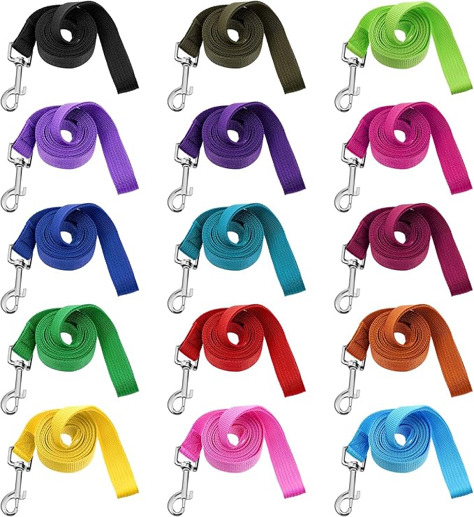15 Pcs Nylon Dog Leashes Bulk, 5 FT Strong Dog Training Leash 15 Colors Pet Rope Leashes with Swivel Hook for Small Medium Puppy Play, Backyar, Training, Camping