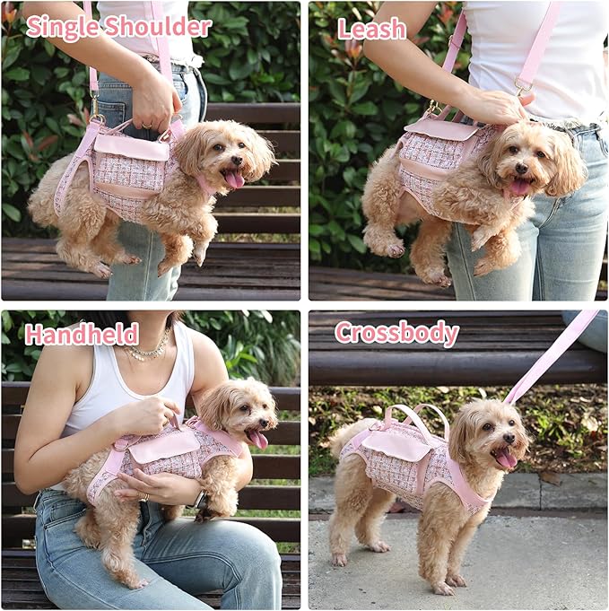 Dog Lift Harness Backpack for Small Dogs, Adjustable Straps Dog Sling Carrier for Hiking, Travel, Outdoor ??Pink Large