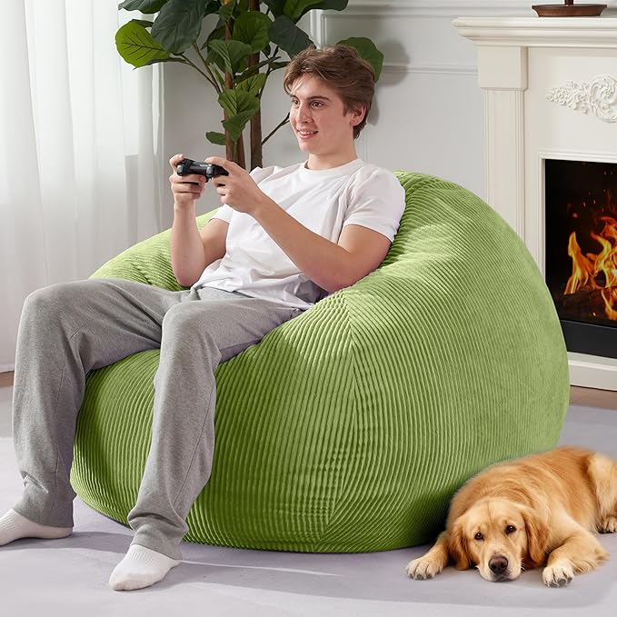 Homguava 5FT Bean Bag Chair for Adults,Teardrop Giant Bean Bags Big Beanbag Chair with Memory Foam Filled and Ultra Soft Removable Corduroy Cover for Living Room, Bedroom(Green)