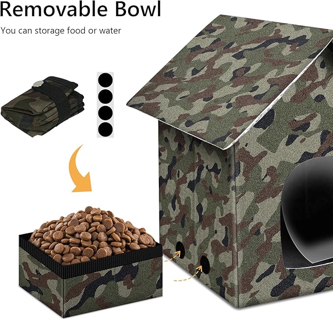 Cat Houses for Outdoor Cats-Large Weatherproof Cat Bed for Indoor Cats,Collapsible Warm Feral Cat Shelter with Removable Soft Mat and Bowl for Winter (Camo, Large)