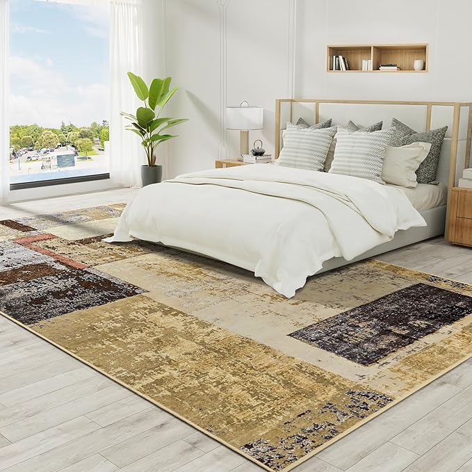 LOCHAS Rug for Living Room, Washable Soft Area Rugs for Bedroom 8x10, Abstract Carpet for Indoor Office Kids Dining Room Nursery Floor, Khaki Geometric Vintage Home Decor, Non Slip, Pet Child Friendly