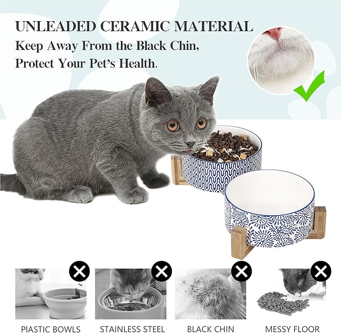 Selamica Ceramic 14 OZ Dog Bowls with Wooden Stand, Anti-Slip Dog Dishes Set for Cats & Small Dogs, Weighted Pet Bowls Set of 2, Vintage Blue