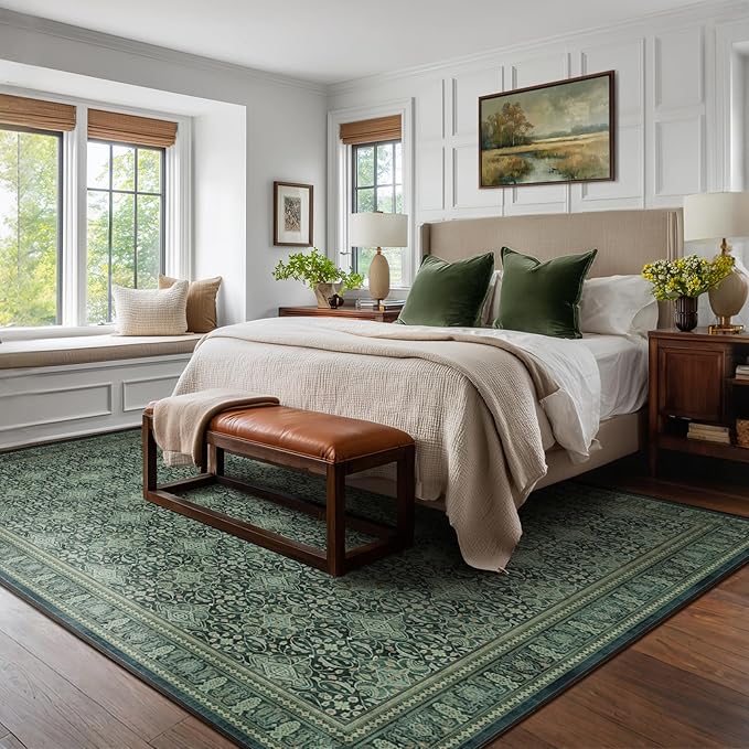Dark Green Vintage Living Room Rug 9x12, Boho Floral Moroccan Pattern Printed Large Area Rugs for Bedroom, Washable Non Slip Low Pile Thin Carpet Rug for Dining Room Under Table