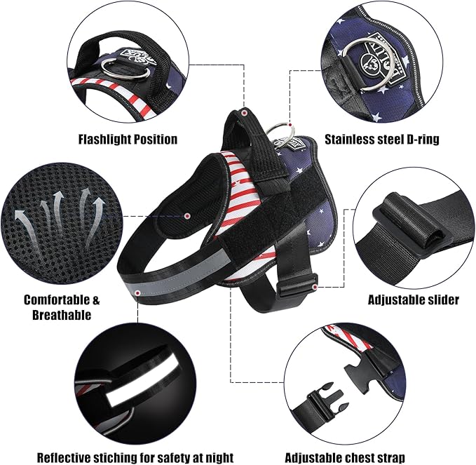 Bolux Dog Harness, No-Pull Reflective Dog Vest, Breathable Adjustable Pet Harness with Handle for Outdoor Walking - No More Pulling, Tugging or Choking (Flag, Large)