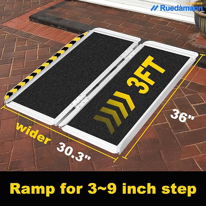 Ruedamann 3FT Portable Wheelchair Ramp, Non-Slip Aluminum Folding Handicap Ramp for Doorways, Wheel Chair Threshold Ramp for Home Steps, Stairs, Wheelchair, Scooters, Pets, Entry