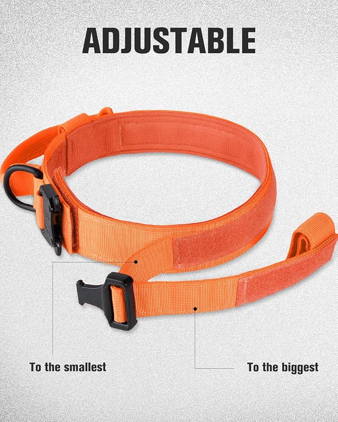 Joytale Tactical Dog Collar with Handle, Adjustable Heavy Duty Military Collar with 2 Patches for Training, Suitable for Medium Dogs, Orange, M