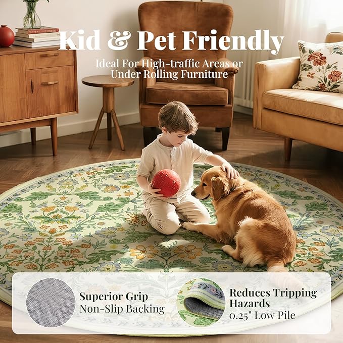 Floral Area Rug for Living Room: 6x6 Washable Soft Low Pile Thin Indoor Carpet, Non Slip Stain Resistant Vintage Flower Boho Accent Large Rugs for Bedroom, Dining, Home Office, Nursery - Ivory