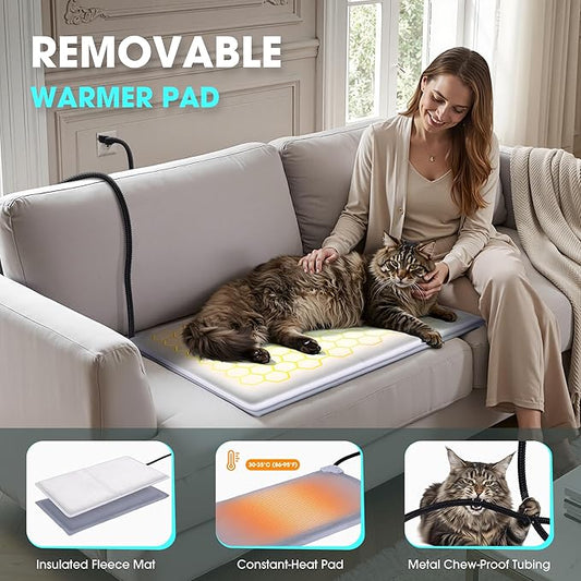 Weatherproof Heated Cat House for Outside with Heating Pad, Elevated Feet Outdoor Cat House, Expanded Canopy Warm Cats Shelter, Heating Pet Beds for Feral or Stray Cats in Winter (Warm Grey, Heated)